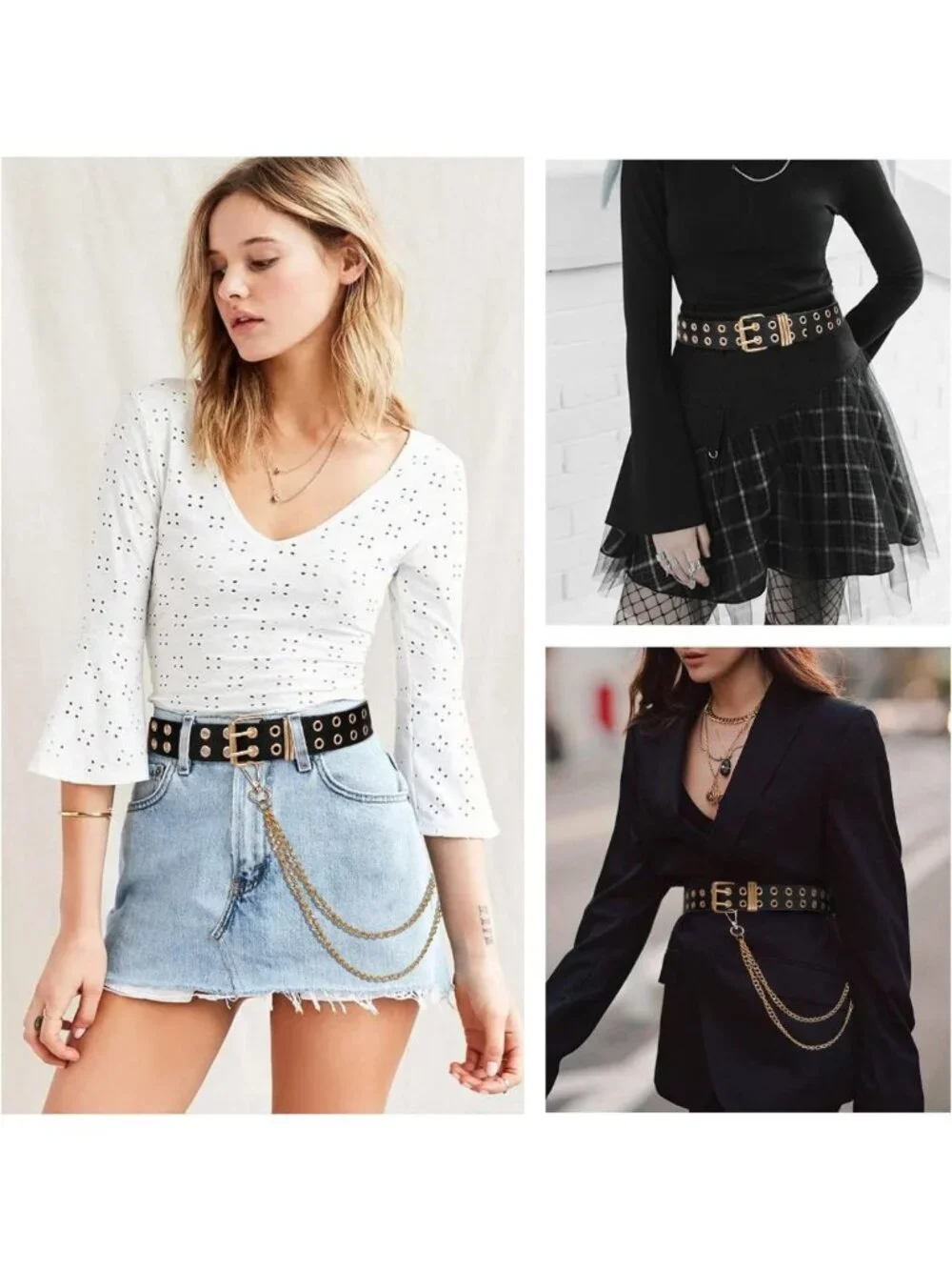 Punk Rock Grommet Leather Belt with Detachable Chain for Men & Women - Stylish
